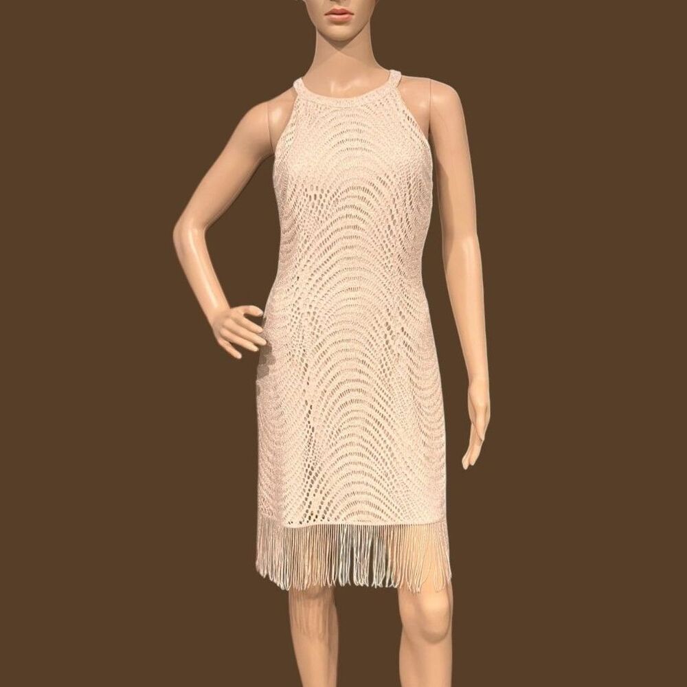 GIANNI BINI Sparkle Flapper Mini Dress Fringe Hem TAN Sz XS